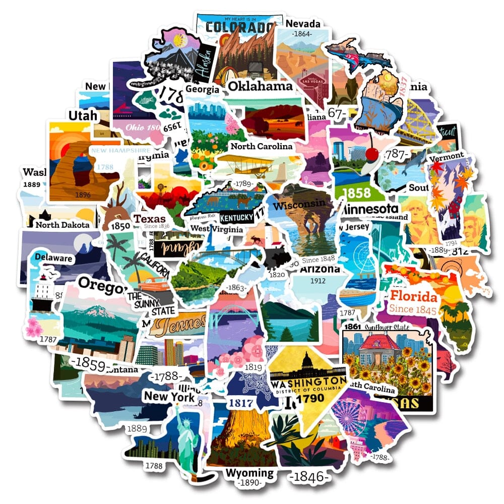 Autocollants Valise- Voyage à Travers les États Américains (Pack de 50)
