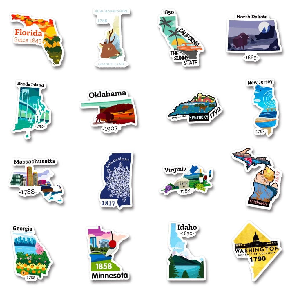 Autocollants Valise- Voyage à Travers les États Américains (Pack de 50)
