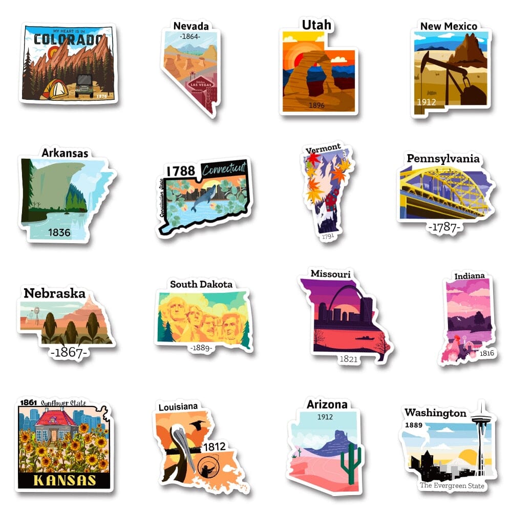 Autocollants Valise- Voyage à Travers les États Américains (Pack de 50)