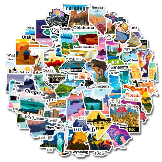 Autocollants Valise- Voyage à Travers les États Américains (Pack de 50)
