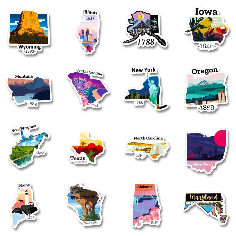 Autocollants Valise- Voyage à Travers les États Américains (Pack de 50)
