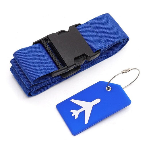 Sangle de Valise Voyage & Porte-Étiquette Bagage Avion Bleus